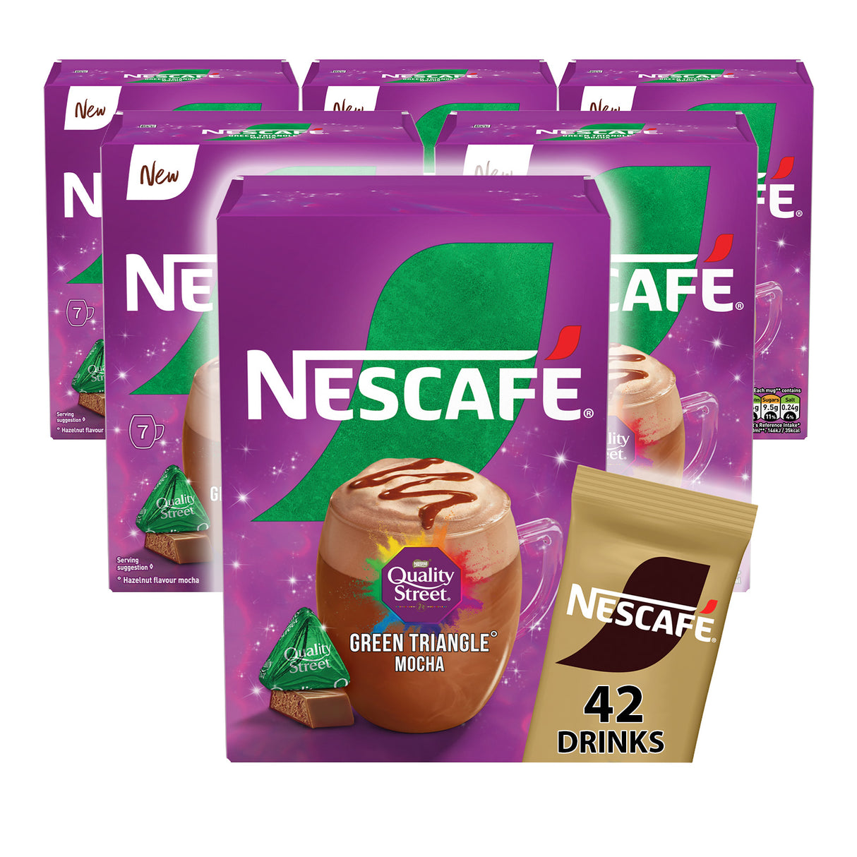 Multiple boxes of Nescafe Green Triangle Mocha coffee mix on a white background