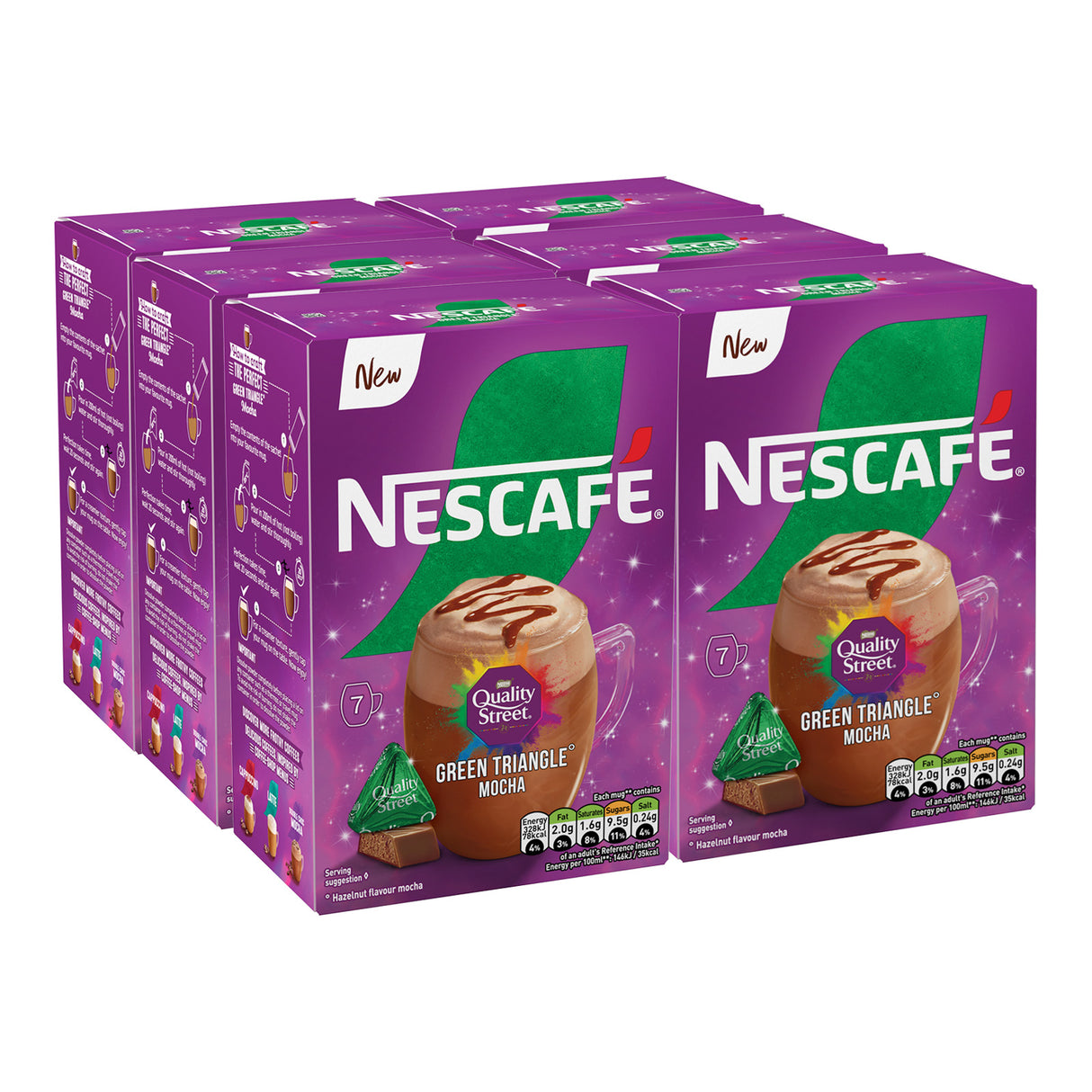 Four boxes of Nescafe Green Triangle Mocha on a white background