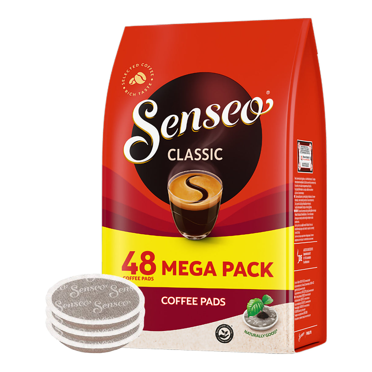 Senseo Classic coffee pads packaging with coffee pads on a white background