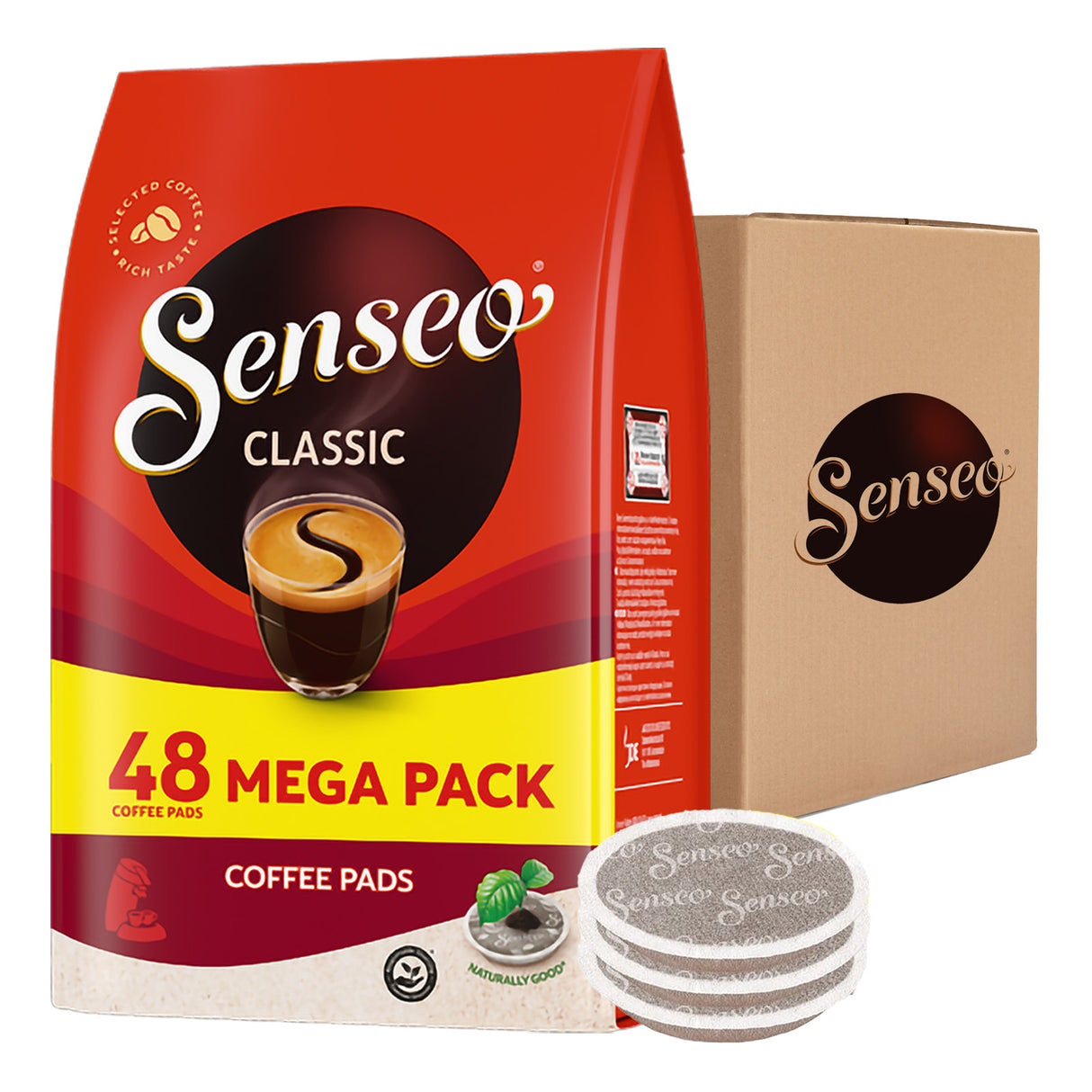 Senseo coffee pads packaging with a box and coffee pads on a white background