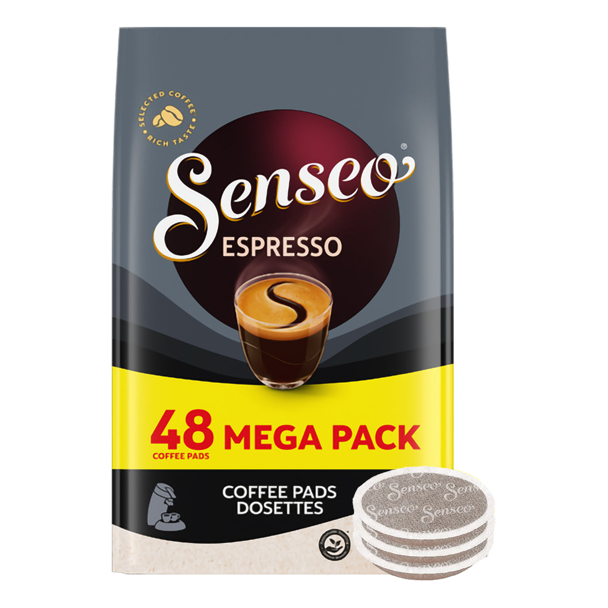 Senseo Espresso coffee pads packaging with a stack of pads on a white background