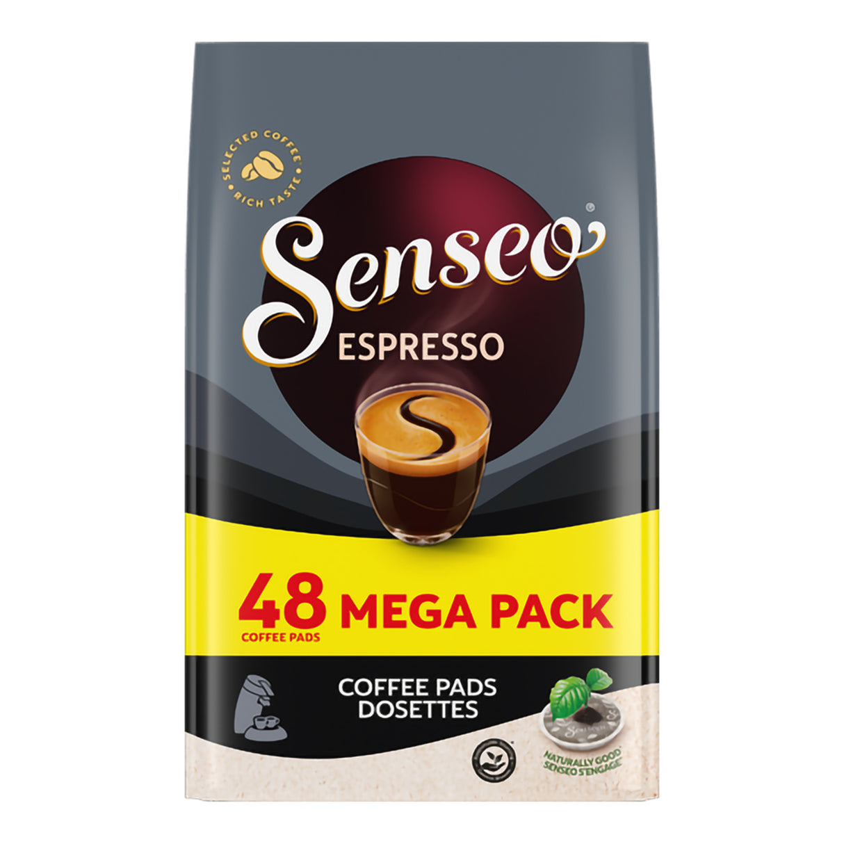 Senseo Espresso coffee pads packaging with a dark background and yellow accents.