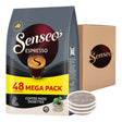 Senseo Espresso coffee pads packaging with a cardboard box and coffee pads on a white background