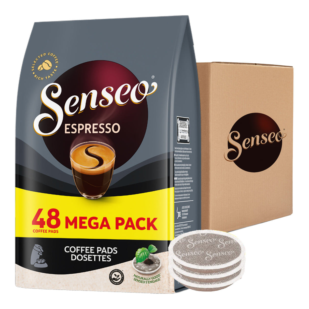 Senseo Espresso coffee pads packaging with a cardboard box and coffee pads on a white background