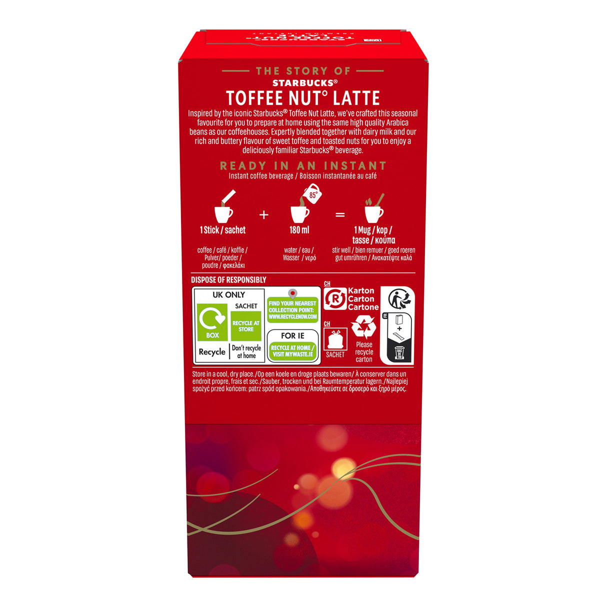 Red box of Starbucks Toffee Nut Latte instant coffee on a white background