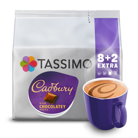 Tassimo Cadbury coffee pod packaging with a cup of coffee on a white background