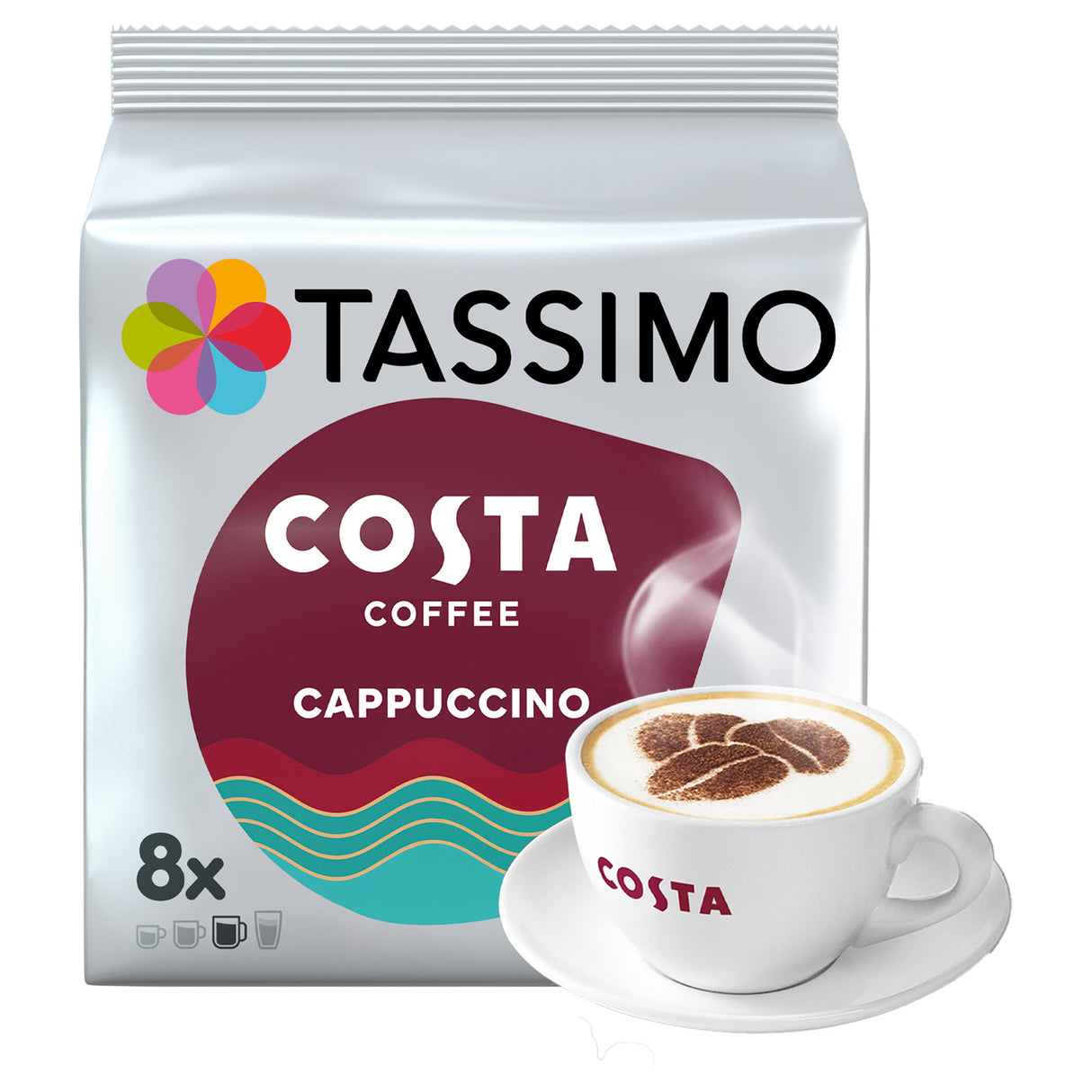Tassimo Costa Coffee Latte packaging with a glass of latte on a white background