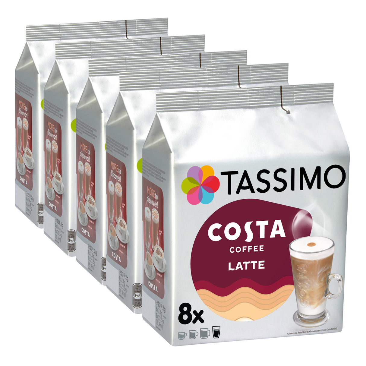 Tassimo Costa Coffee Latte packs on a white background