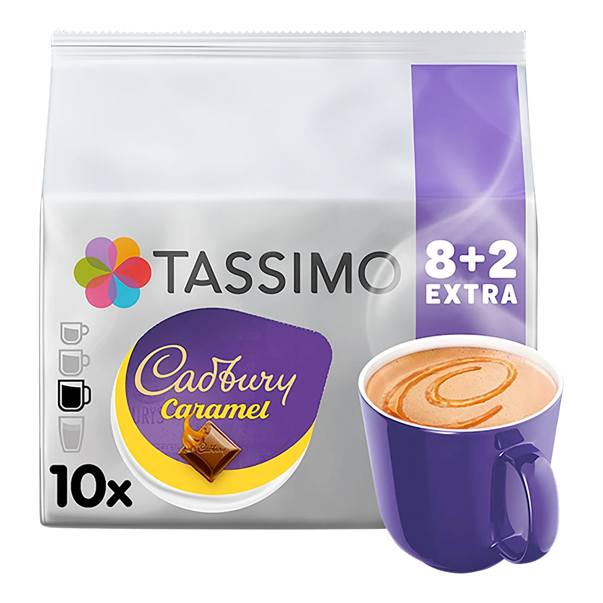 Tassimo Cadbury Caramel coffee pod packaging with a purple mug on a white background