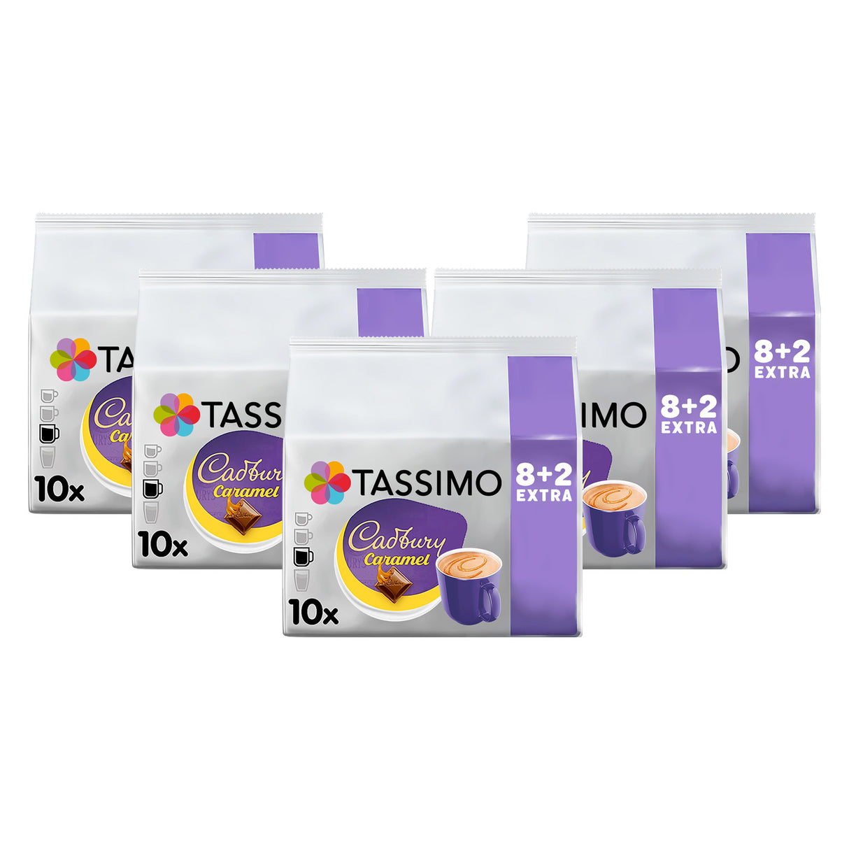 Multiple packages of Tassimo Cadbury Caramel coffee pods on a white background