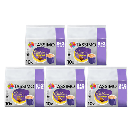 Five packages of Tassimo Cadbury Caramel coffee pods on a white background