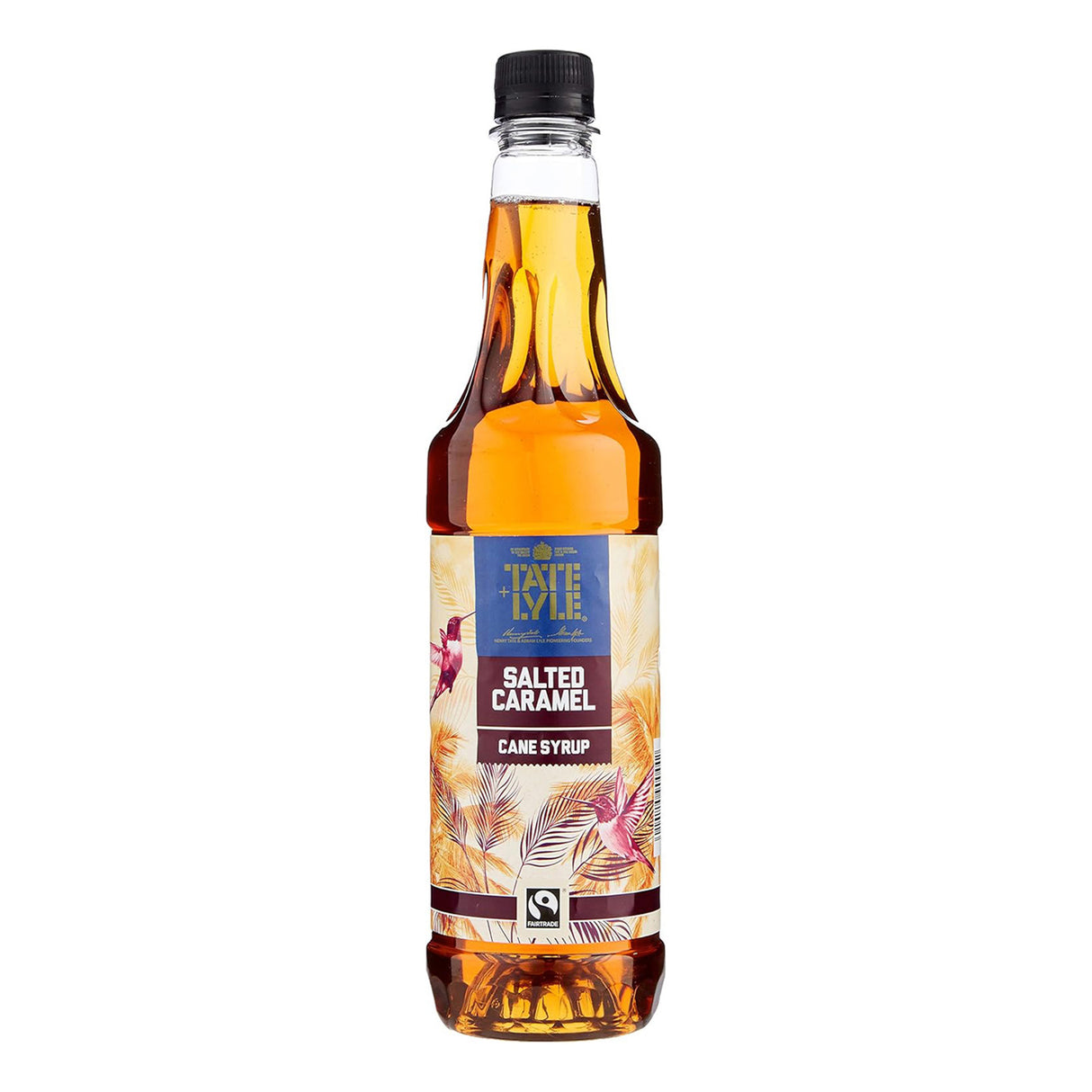 Bottle of Tate & Lyle salted caramel syrup on a white background