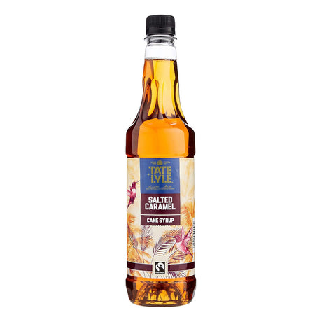 Bottle of Tate & Lyle salted caramel syrup on a white background