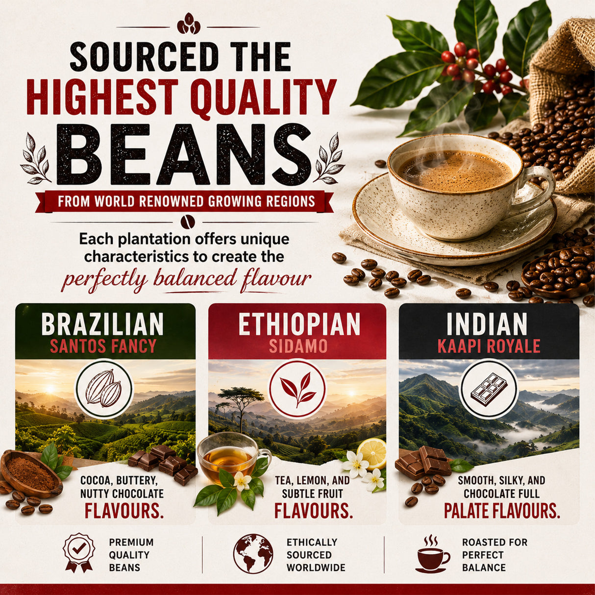 Promotional graphic for coffee beans featuring three flavor options: Brazilian Santos Fancy, Ethiopian Sidamo, and Indian Kaapi Royale. The design includes a cup of coffee, scattered coffee beans, cocoa pods, holly leaves, and a burlap sack on a light beige background with text highlighting high quality and ethical sourcing.
