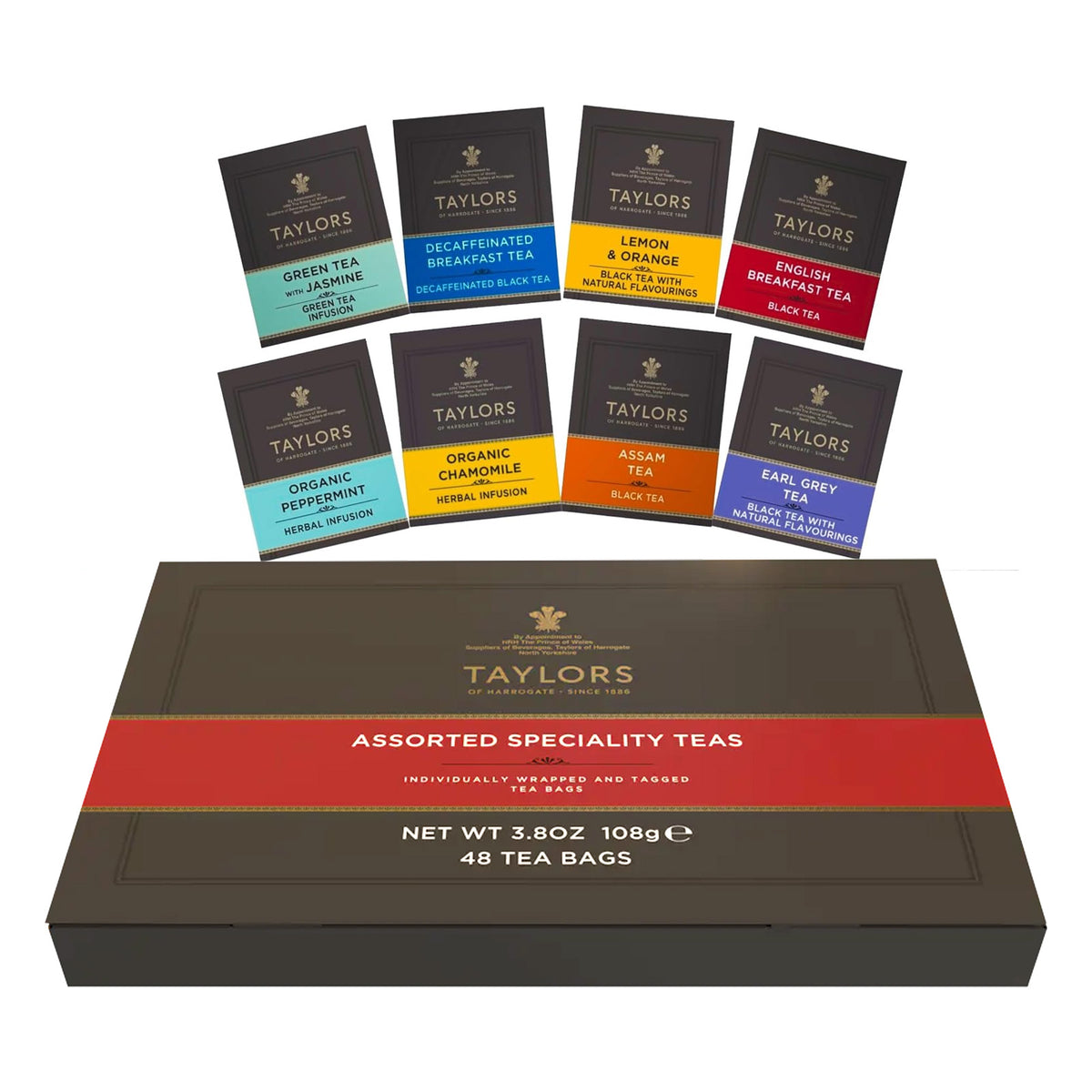 A box of Taylors Assorted Specialty Teas with eight individual tea bag packs arranged behind it on a white background.