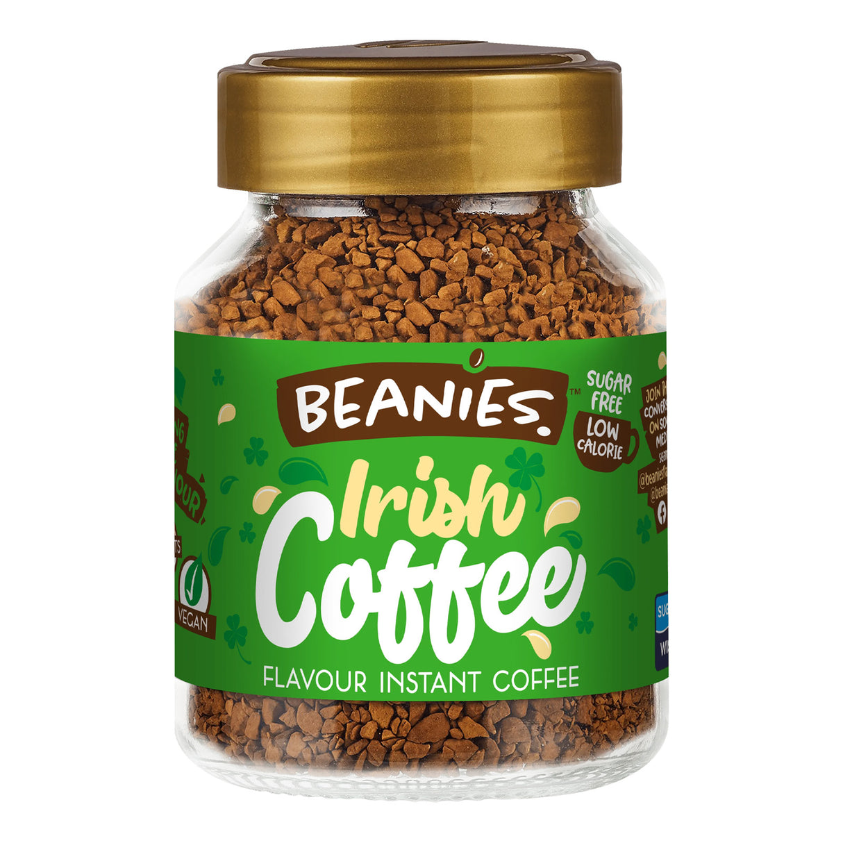 Jar of Beanies Irish Coffee instant coffee with a gold lid on a white background