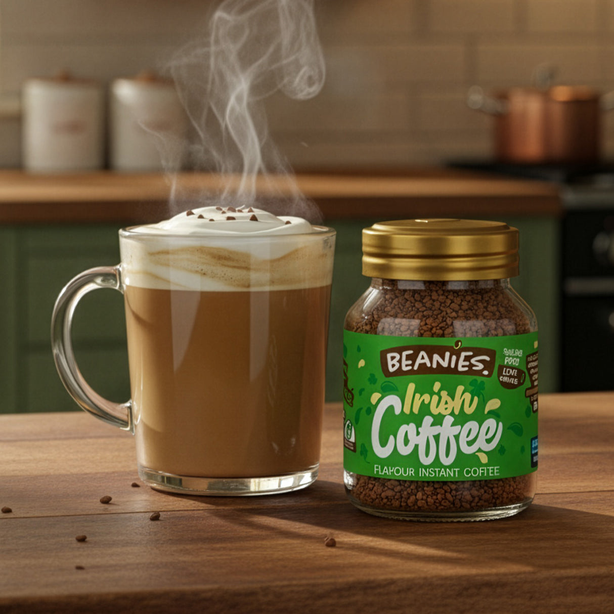 Steaming cup of coffee next to a jar of Beanies Irish Coffee on a wooden table.