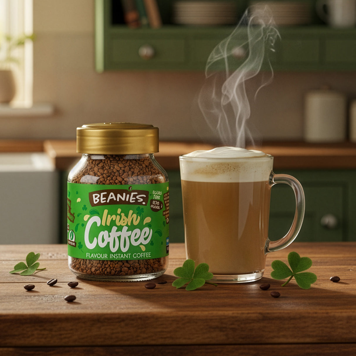 Beanies Irish Coffee jar with a steaming cup of coffee on a wooden surface.