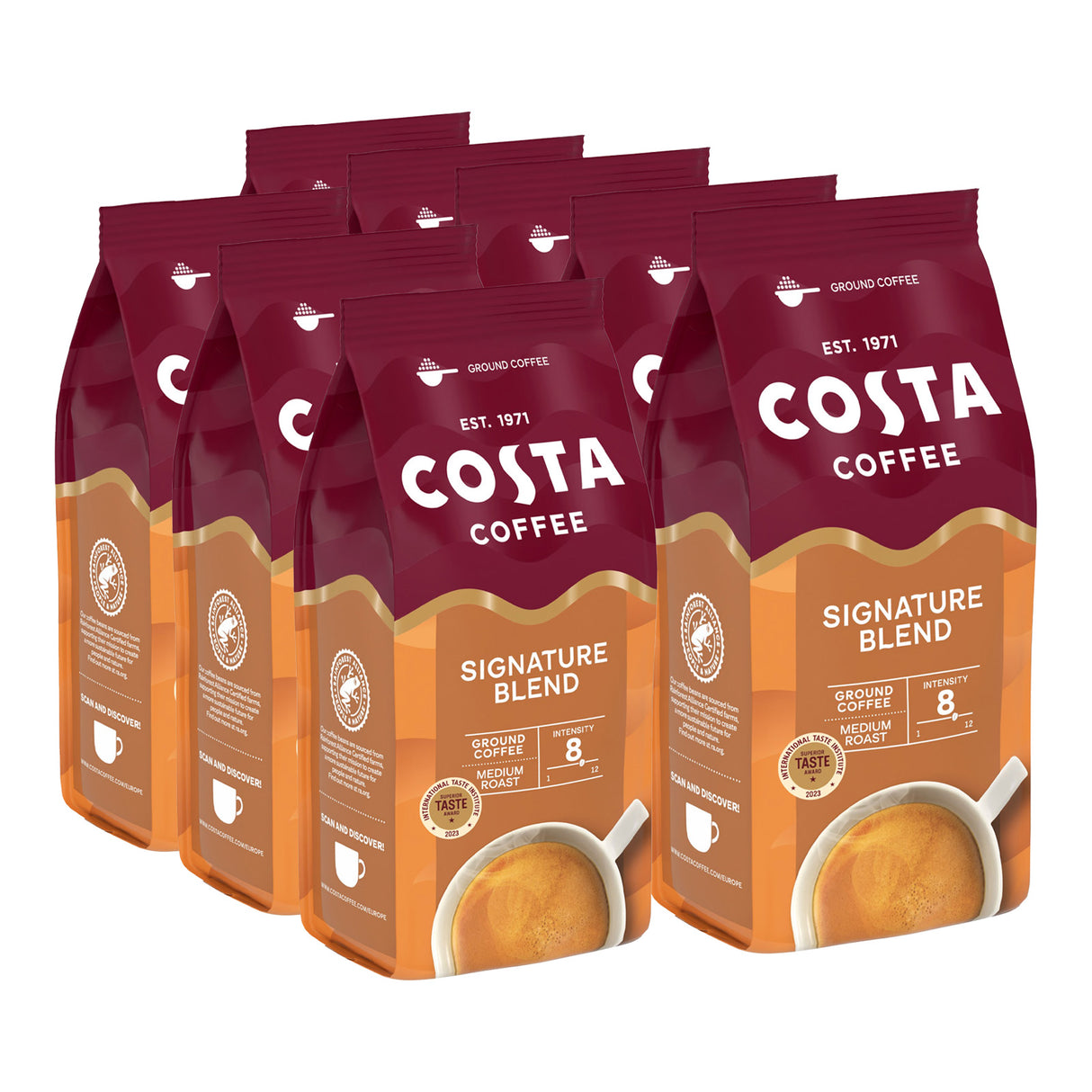 Multiple bags of Costa Coffee Signature Blend on a white background
