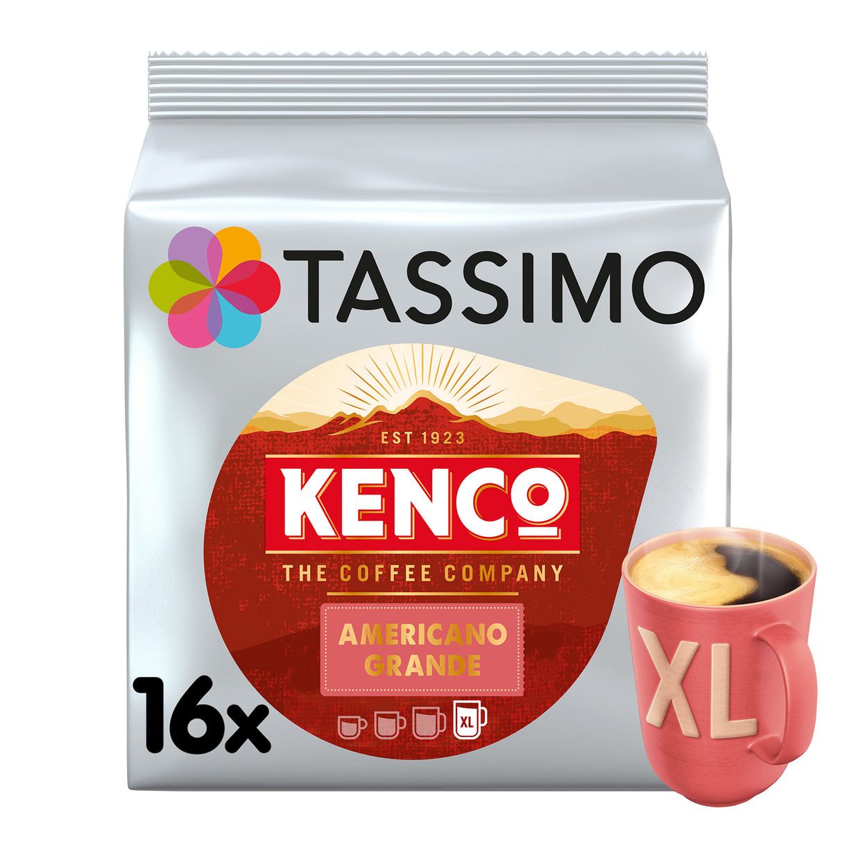 Tassimo Kenco Americano Grande coffee pod package with a red mug on a white background