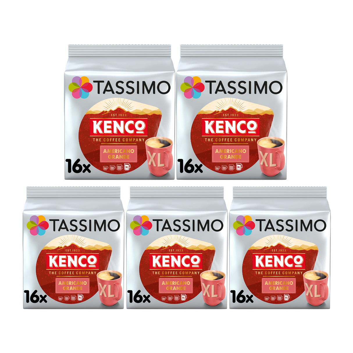 Five Tassimo Kenco coffee packs on a white background