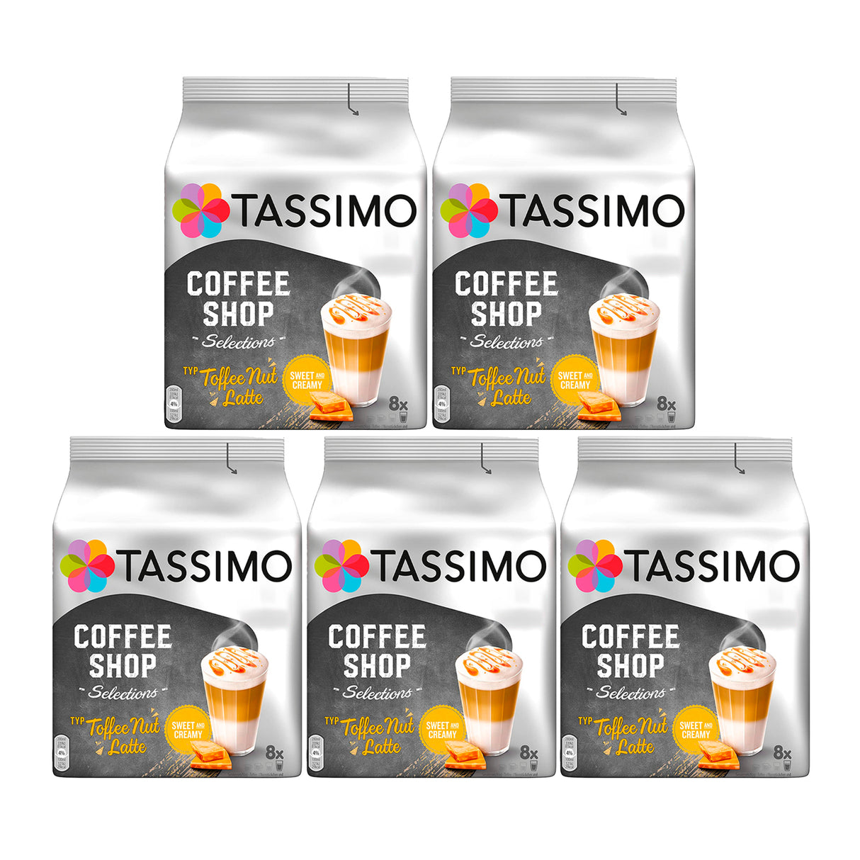 A case of five Tassimo Coffee Shop Toffee Nut Latte Coffee Pods packages.