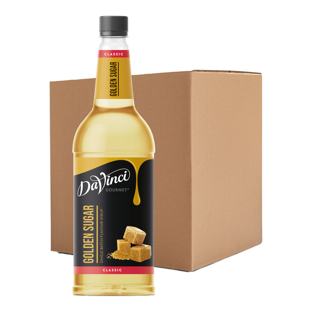 DaVinci Golden Sugar syrup bottle with a cardboard box on a white background
