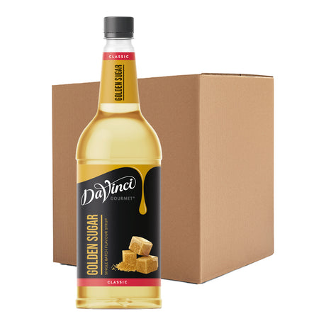 DaVinci Golden Sugar syrup bottle with a cardboard box on a white background