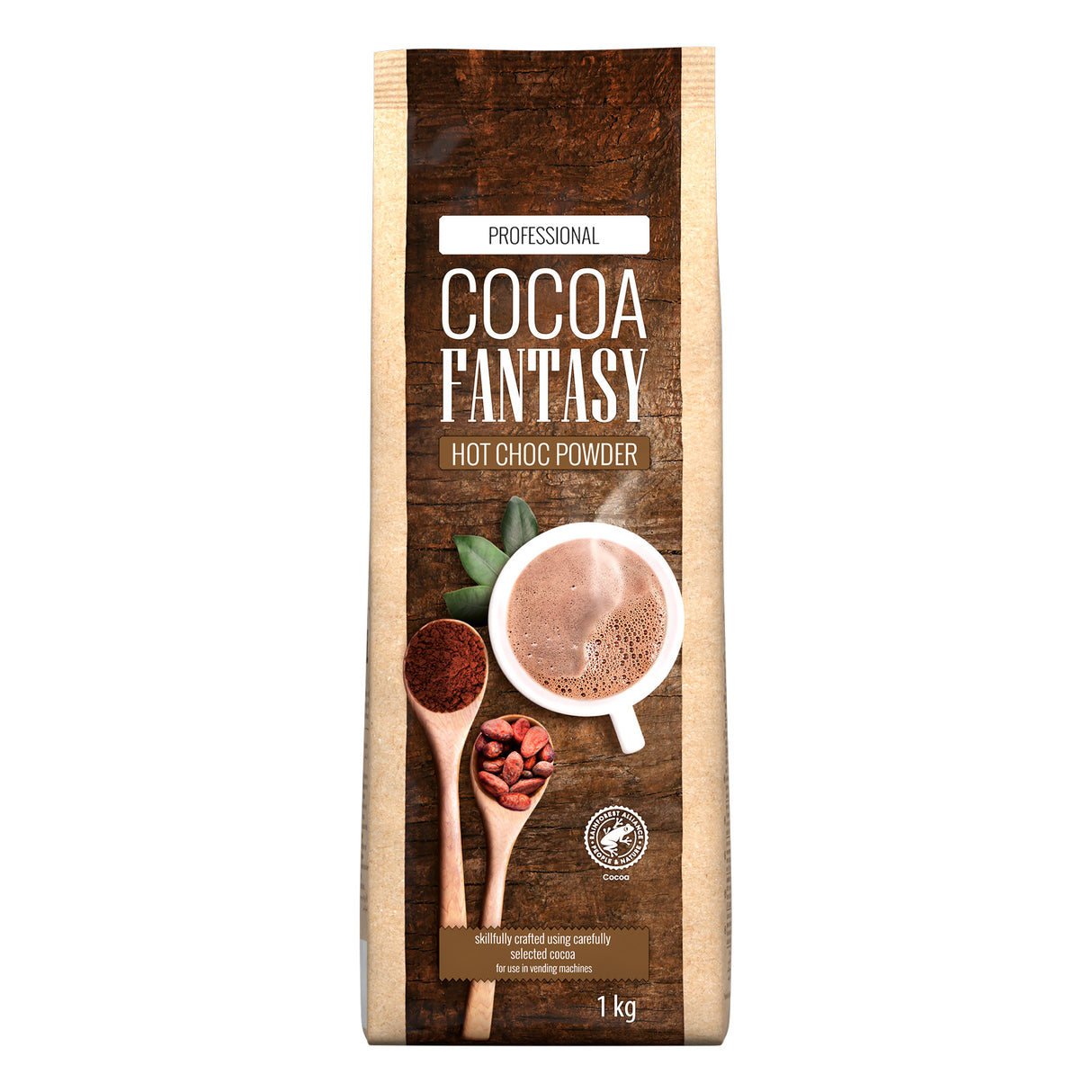Cocoa Fantasy hot chocolate powder package on a white background