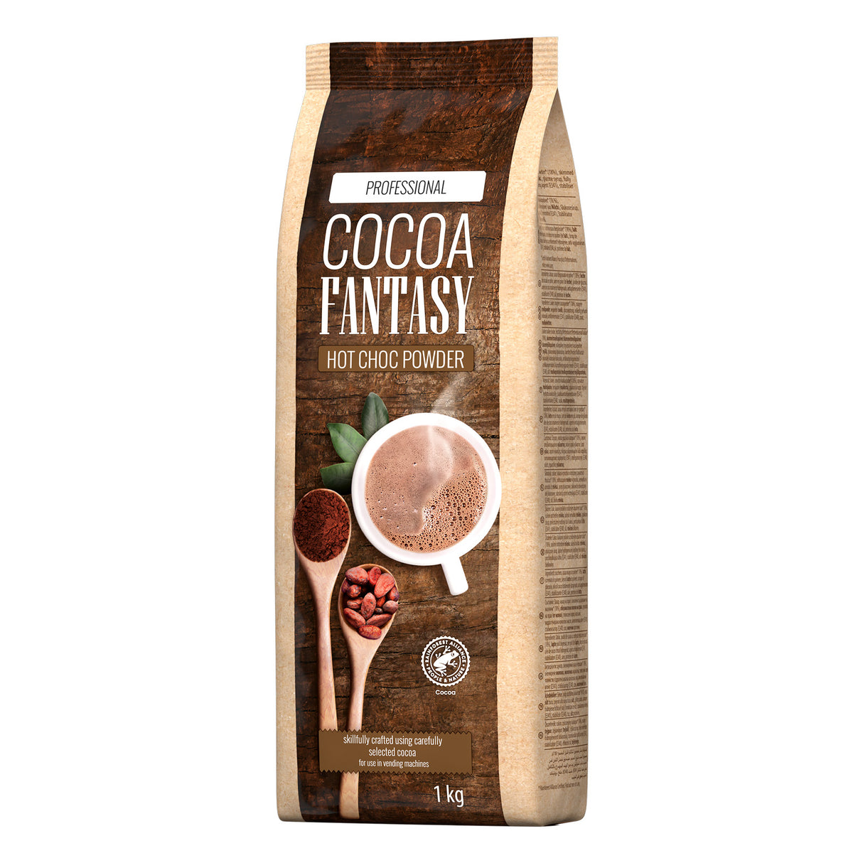 Cocoa Fantasy hot chocolate powder package on a white background