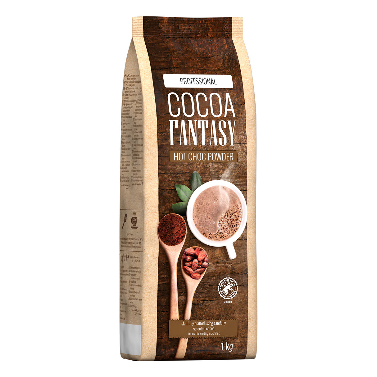 Cocoa Fantasy hot chocolate powder package on a white background