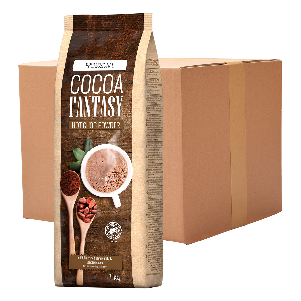 Cocoa Fantasy hot choc powder packaging with a cardboard box in the background