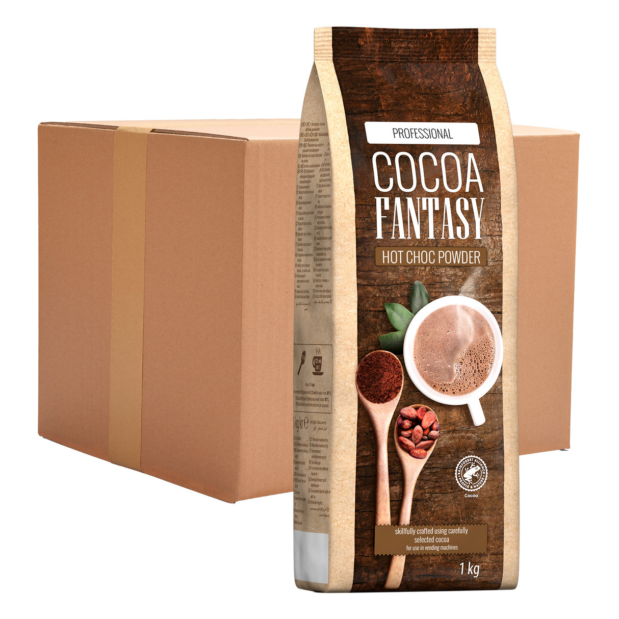 Cocoa Fantasy hot choc powder packaging with a cardboard box in the background