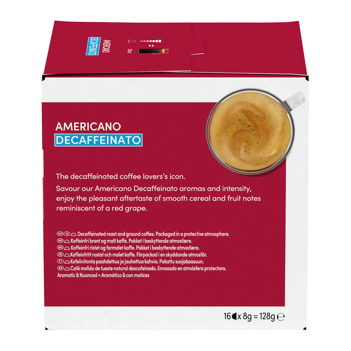 Decaffeinated coffee package with a cup of coffee on a red background
