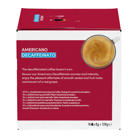 Decaffeinated coffee package with a cup of coffee on a red background