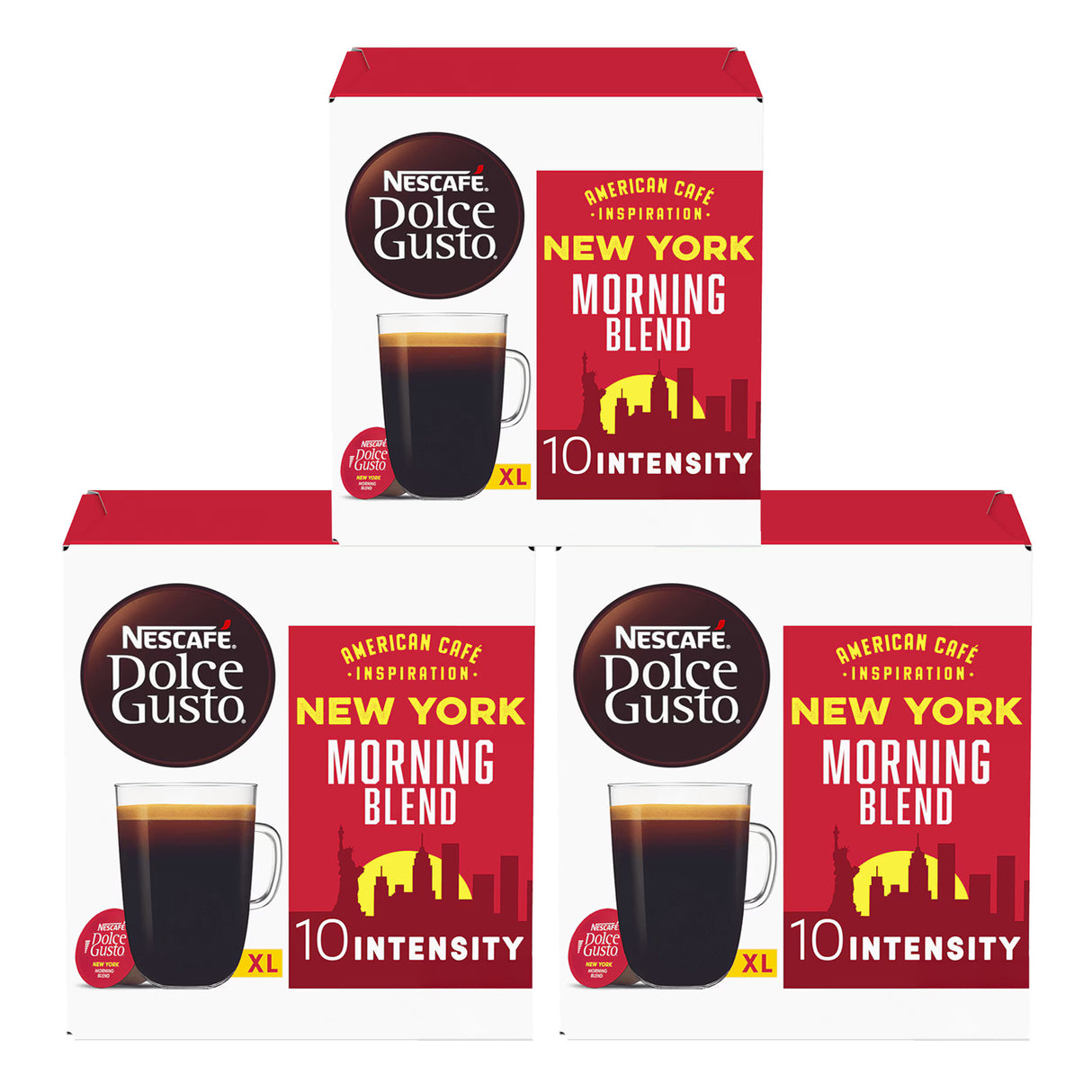 Nescafe Dolce Gusto New York Morning Blend coffee capsules packaging on a white background