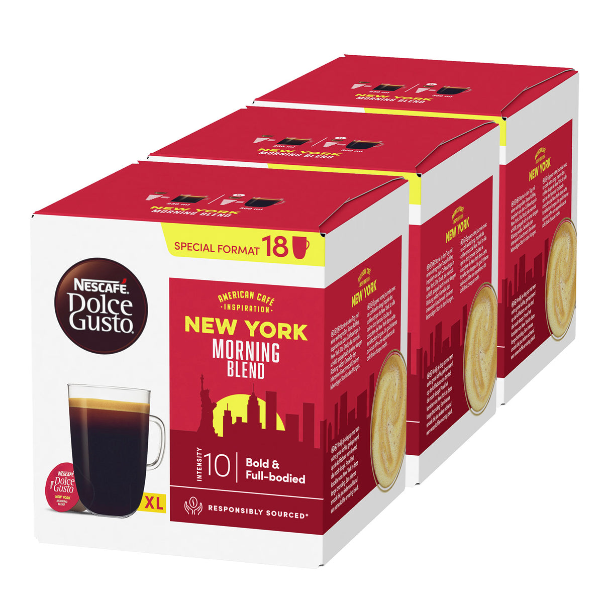 Three boxes of Nescafe Dolce Gusto New York Morning Blend coffee pods on a white background