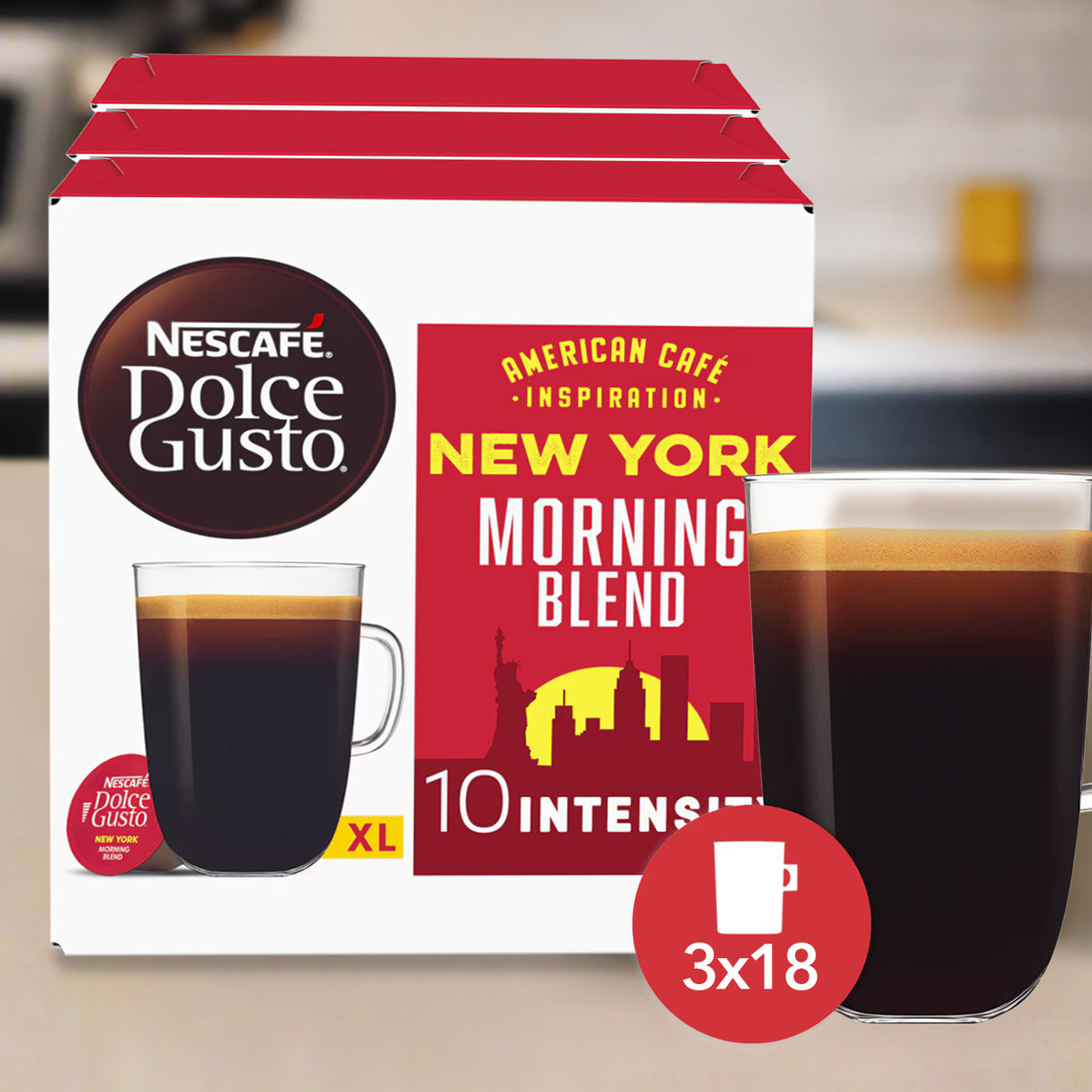 Nescafe Dolce Gusto New York Morning Blend coffee pod box with a cup of coffee.