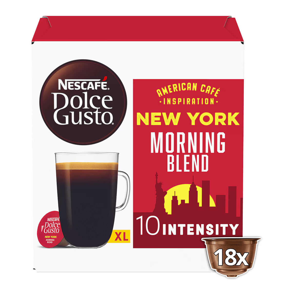 Nescafe Dolce Gusto New York Morning Blend coffee pod packaging on a white background