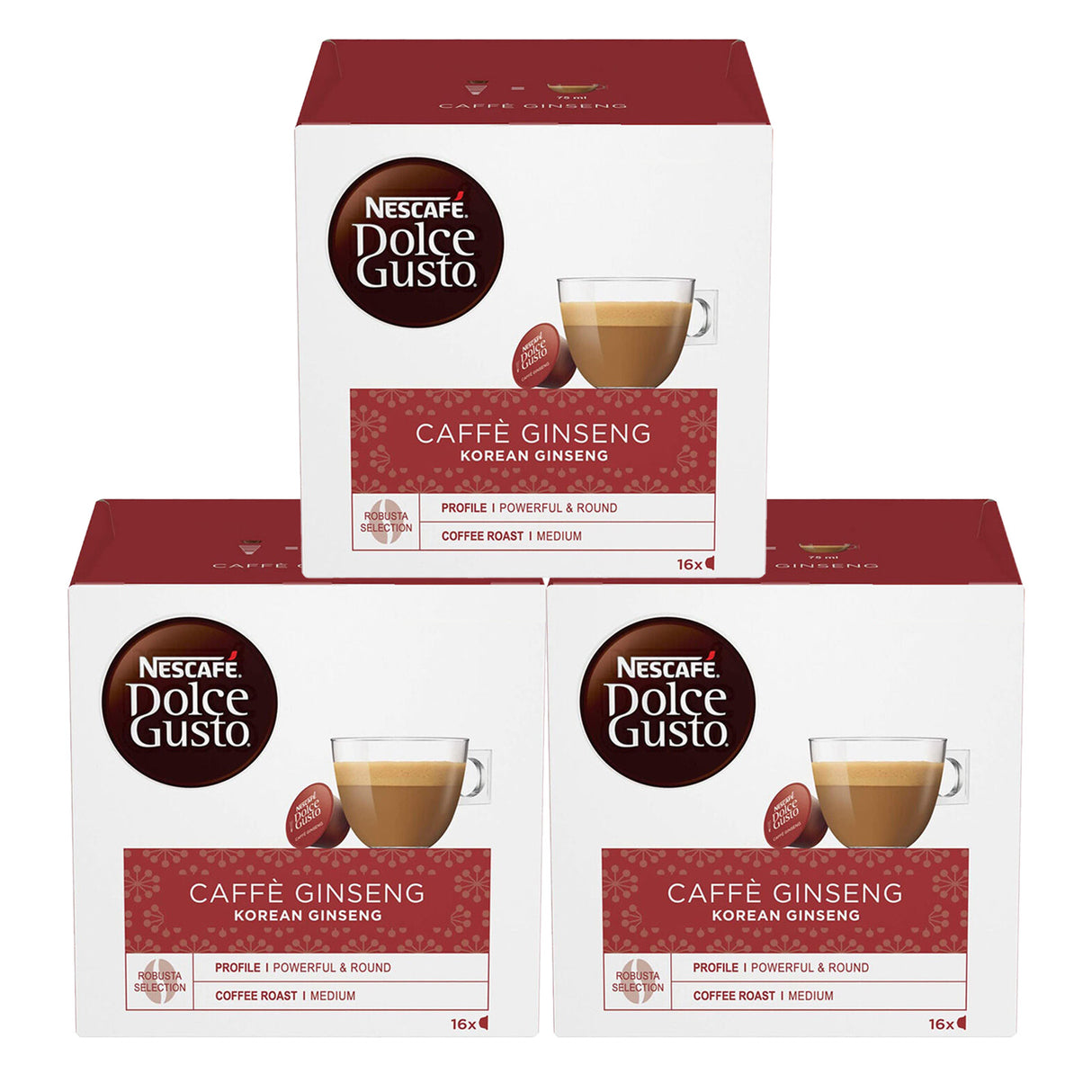 Three boxes of Nescafe Dolce Gusto Caffe Ginseng on a white background