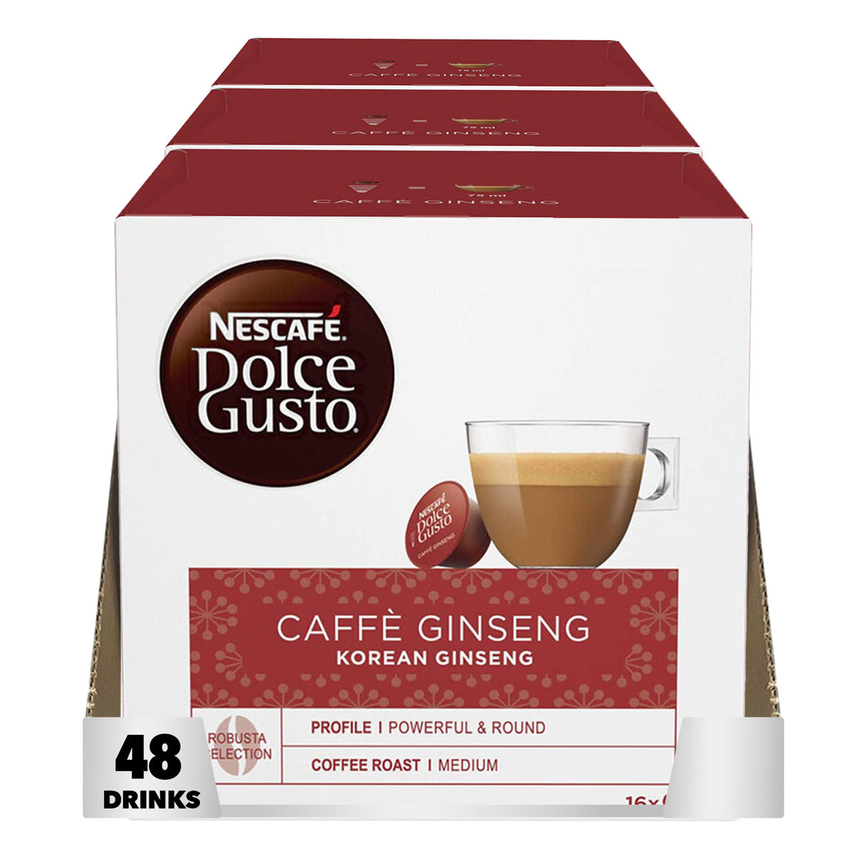 Packaging of Nescafe Dolce Gusto Caffe Ginseng coffee capsules on a white background