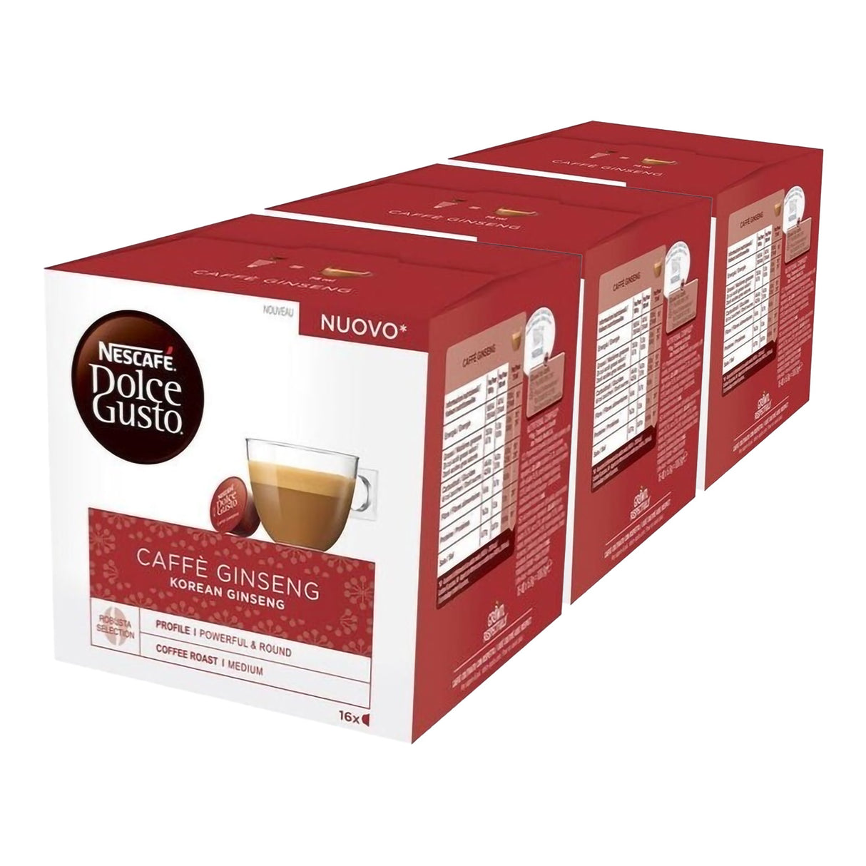 Three boxes of Nescafe Dolce Gusto Caffe Ginseng on a white background