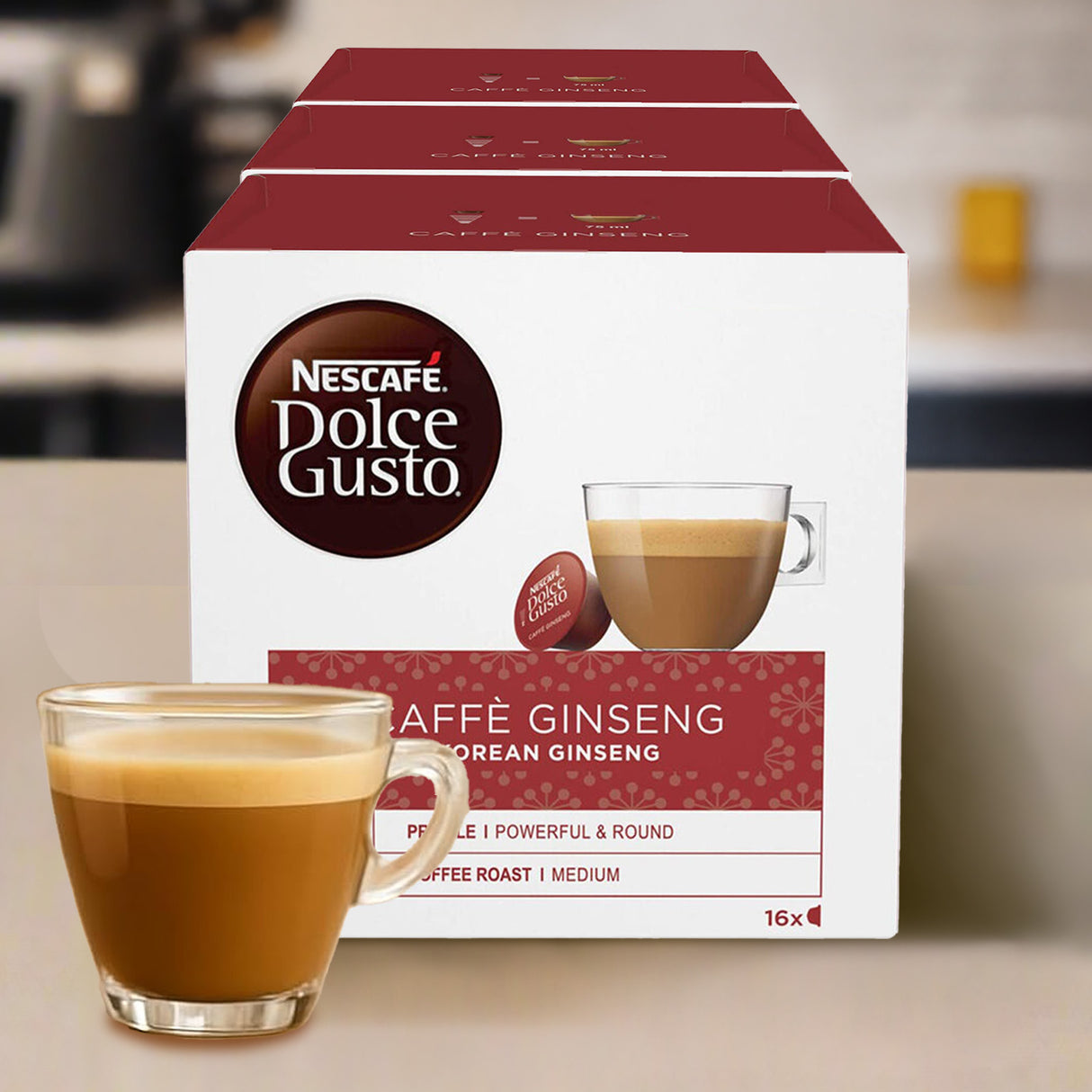 Nescafe Dolce Gusto Affe Ginseng coffee packaging with a cup of coffee in the foreground.