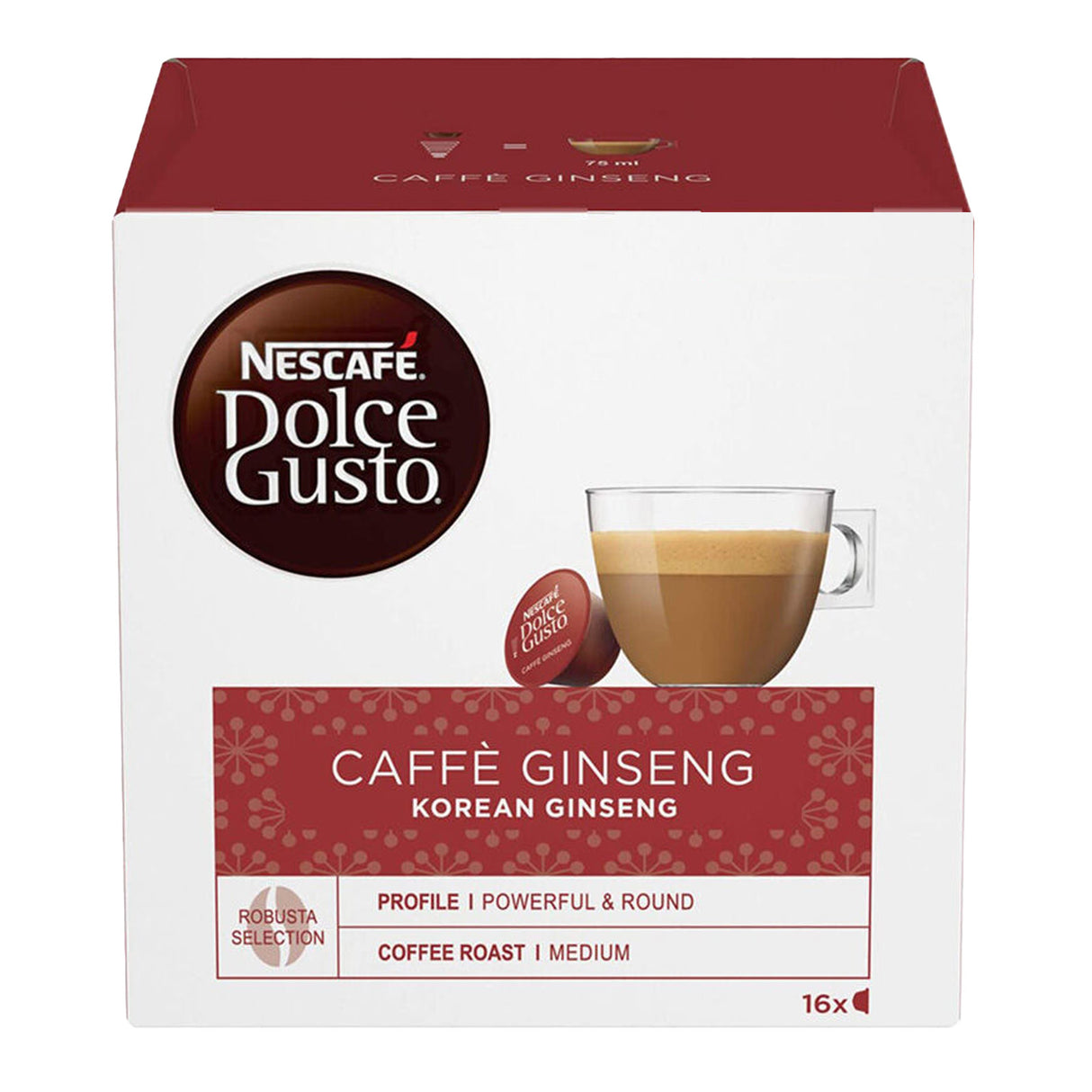 Nescafe Dolce Gusto Caffe Ginseng coffee pod box on a white background