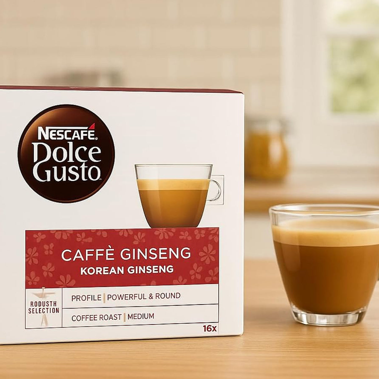 Nescafe Dolce Gusto Caffe Ginseng packaging with a glass of coffee on a wooden table.