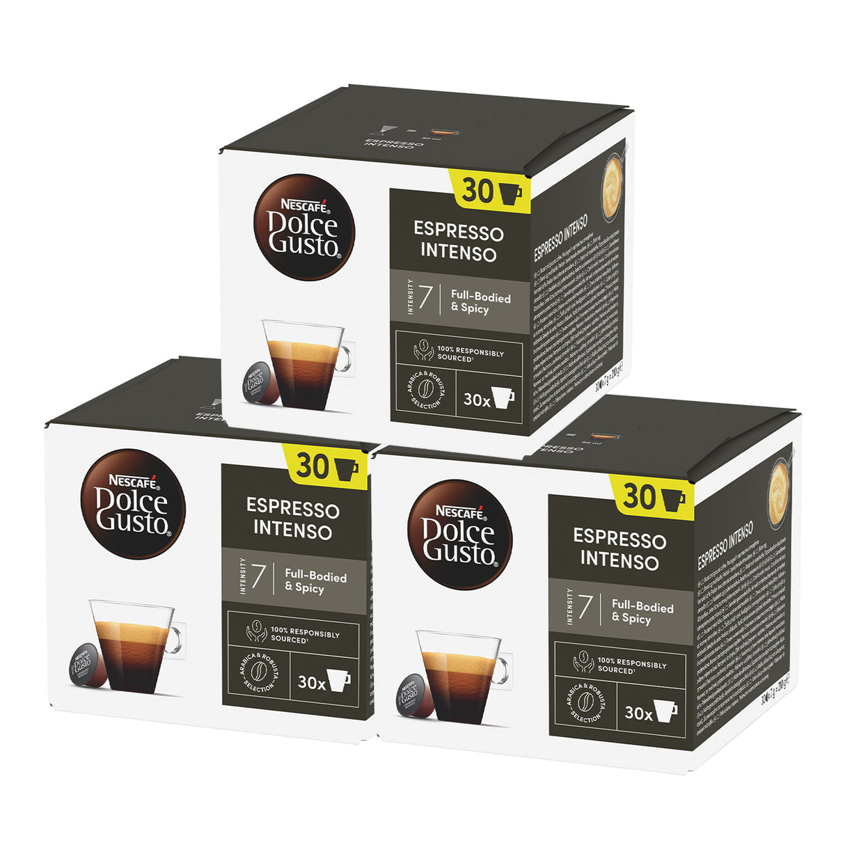 Three boxes of Dolce Gusto Espresso Intenso coffee capsules on a white background