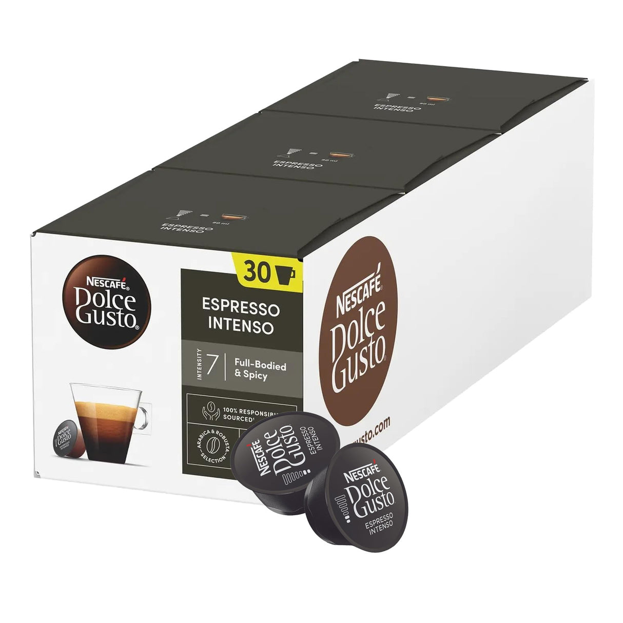 Box of Nescafe Dolce Gusto Espresso Intenso coffee capsules on a white background