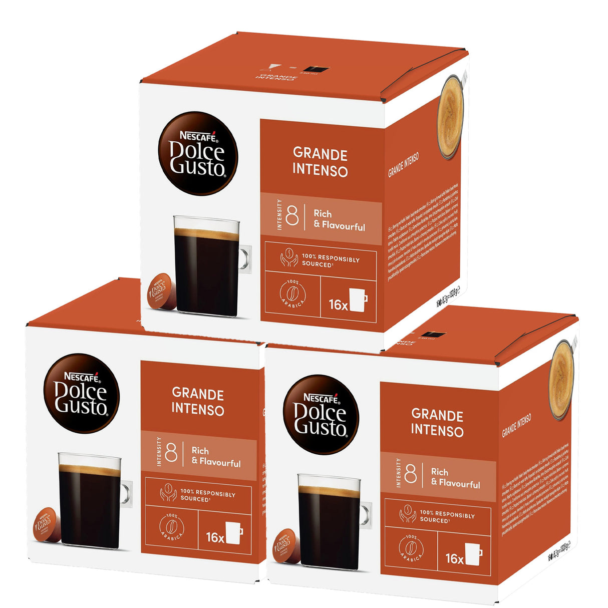 Three boxes of Nescafe Dolce Gusto Grande Intenso coffee capsules on a white background