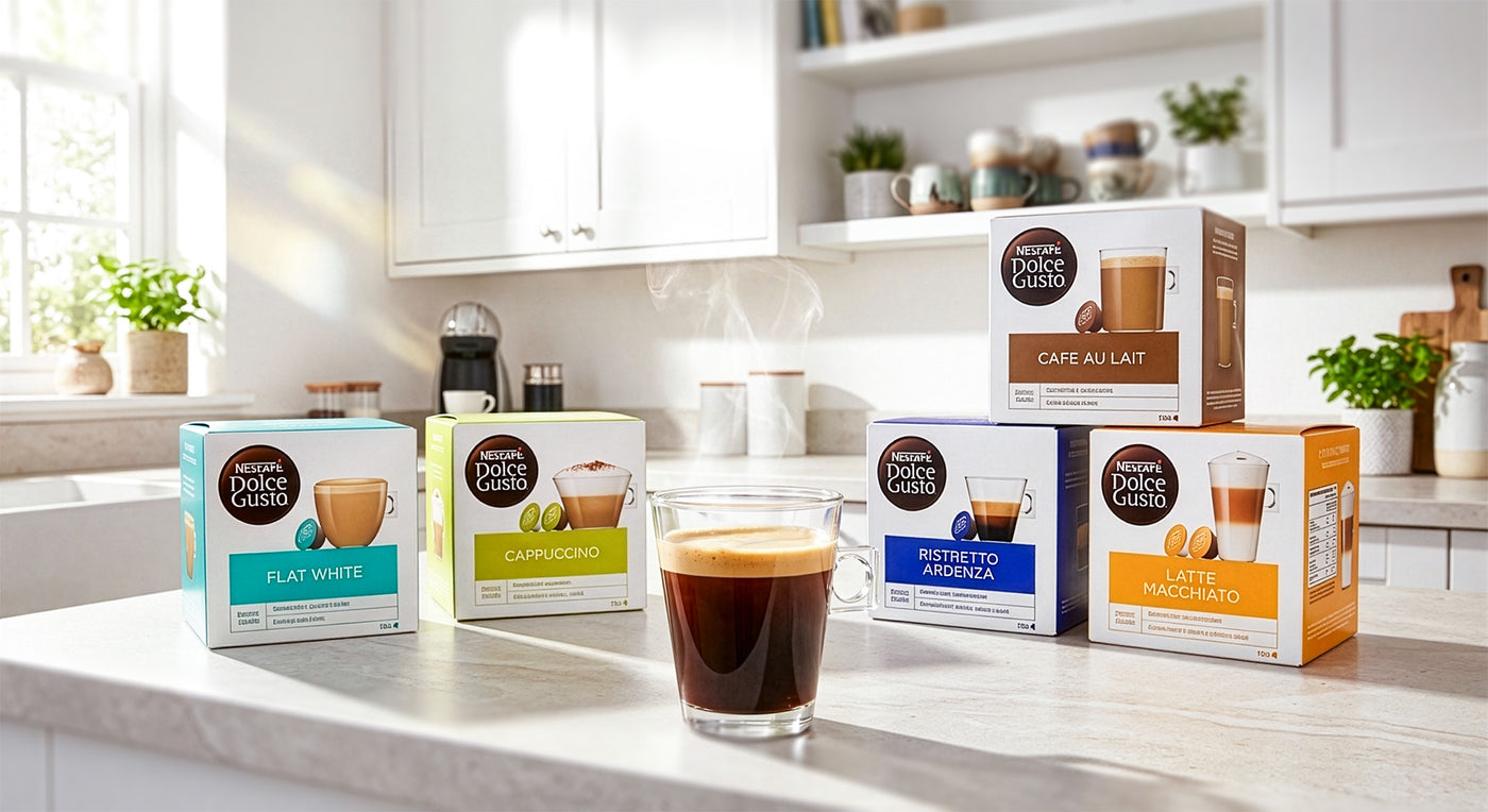 Nescafe Dolce Gusto coffee pods on a kitchen counter with a cup of coffee.