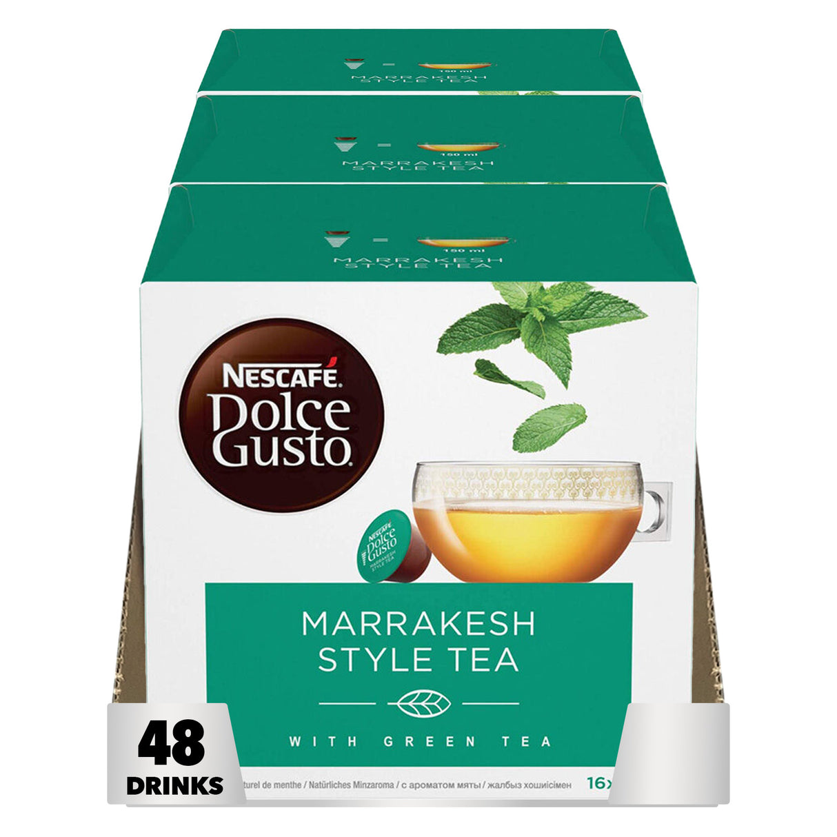 Nescafe Dolce Gusto Marrakesh Style Tea packaging with green tea leaves on a white background